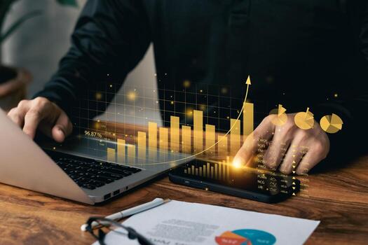 Businessman Working With Laptop And Smartphone Virtual Dashboard Analyzing Finance Sales Data And Economic Growth Graph Chart Photo